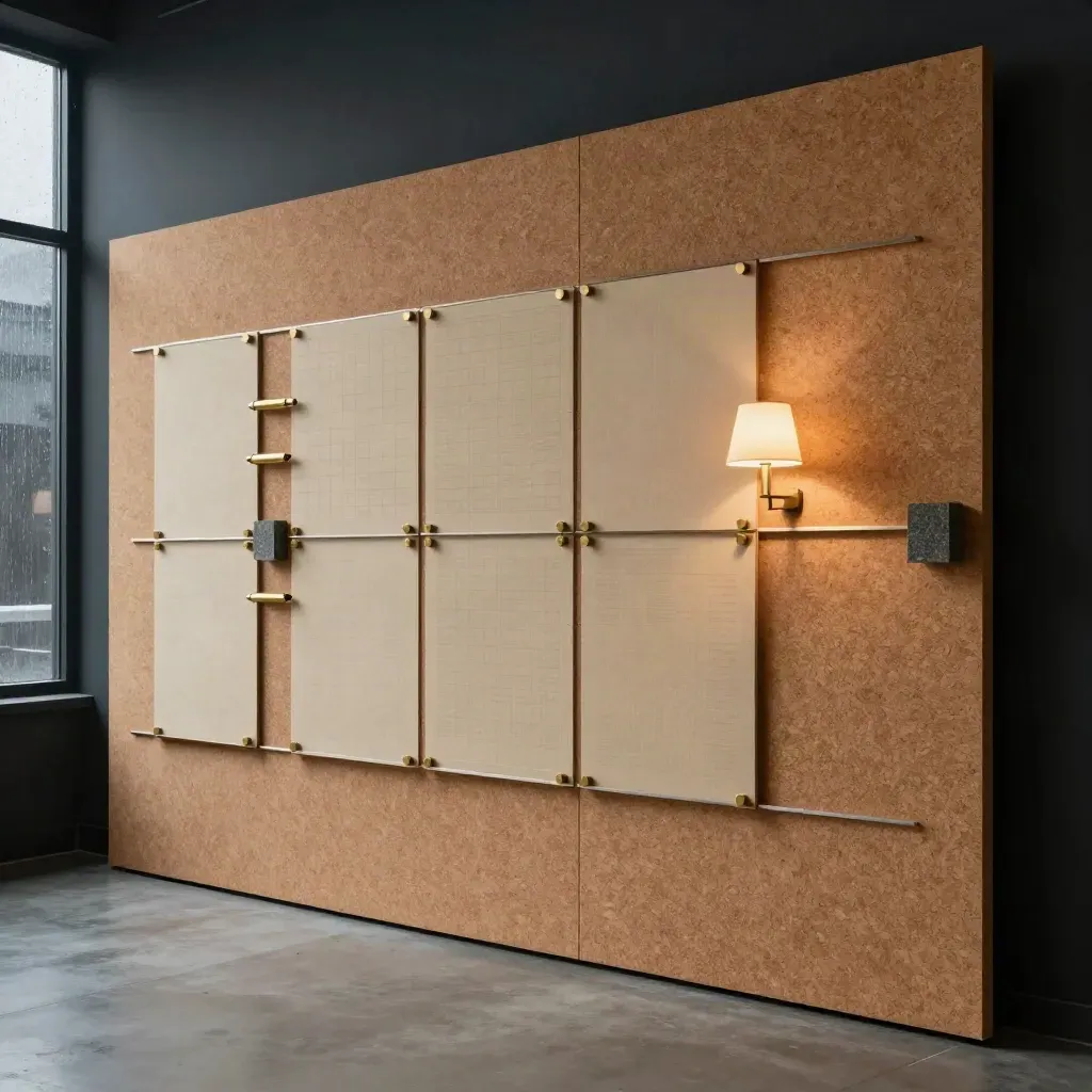Strategiewand aus Kork, Panels und Lampenlicht in einer dunklen Loft-Office-Szene.