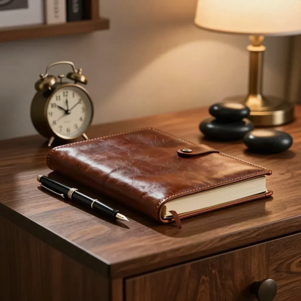 Lederjournal, Füller, Uhr und Steine neben warmer Lampe im ruhigen Beratungsraum.