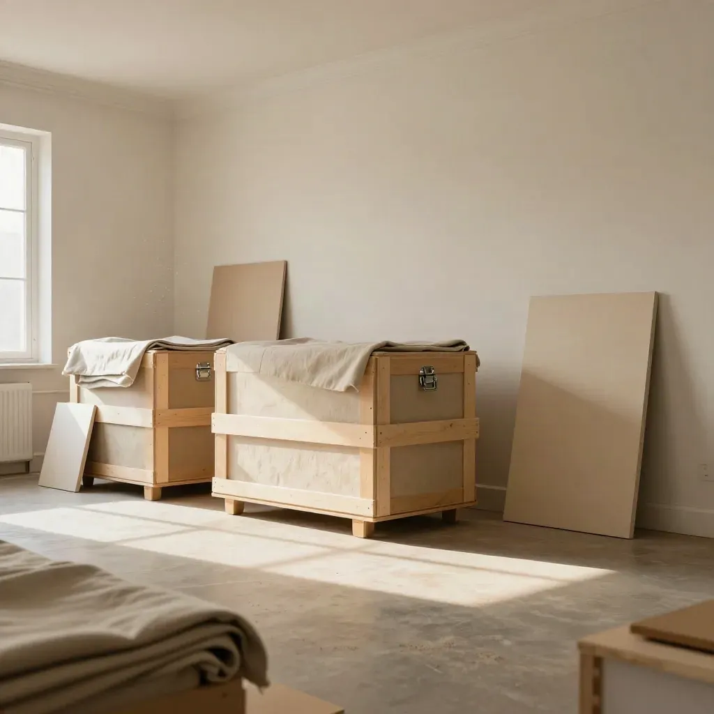 Umgeräumter Raum mit Kisten, Decken und freigelegter Wand im warmen Licht.