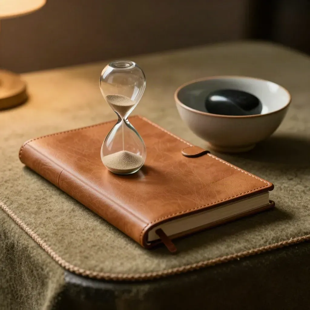 Leeres Stundenglas, Lederjournal, Teeschale und Obsidianstein auf sandfarbenem Filz