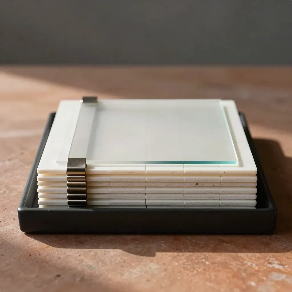 Prozess-Tiles, Metallclips und Acetatfolien auf schwarzem Tablett im Overhead-Look.