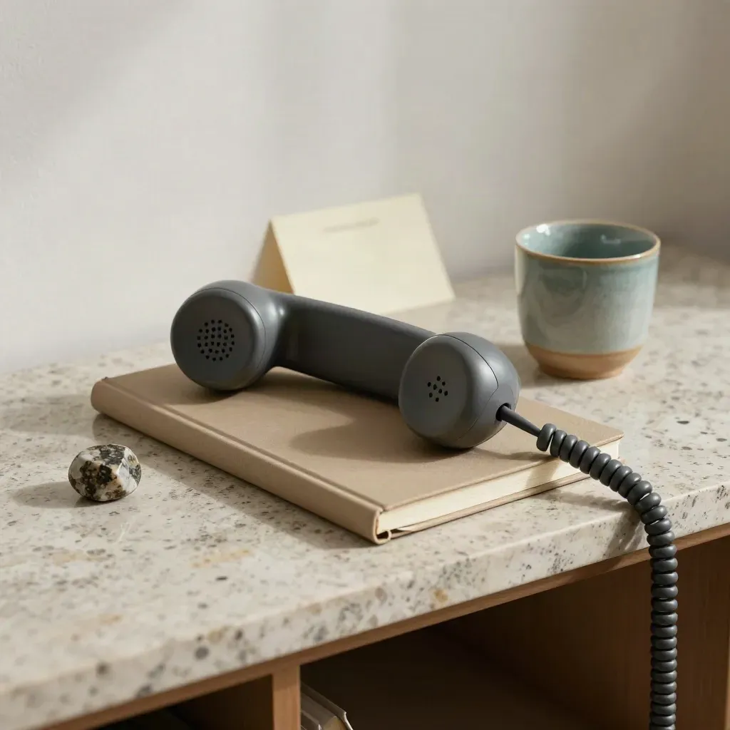 Telefonhörer, Notizbuch, Tasse und Steinpapiergewicht auf Travertin im sanften Seitenlicht.
