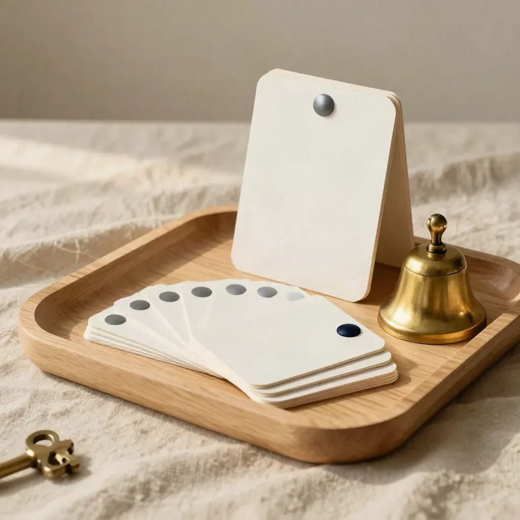 Workshop-Kit mit Karten, Magnetpunkten, Messingglocke und Holztablett auf Leinen.