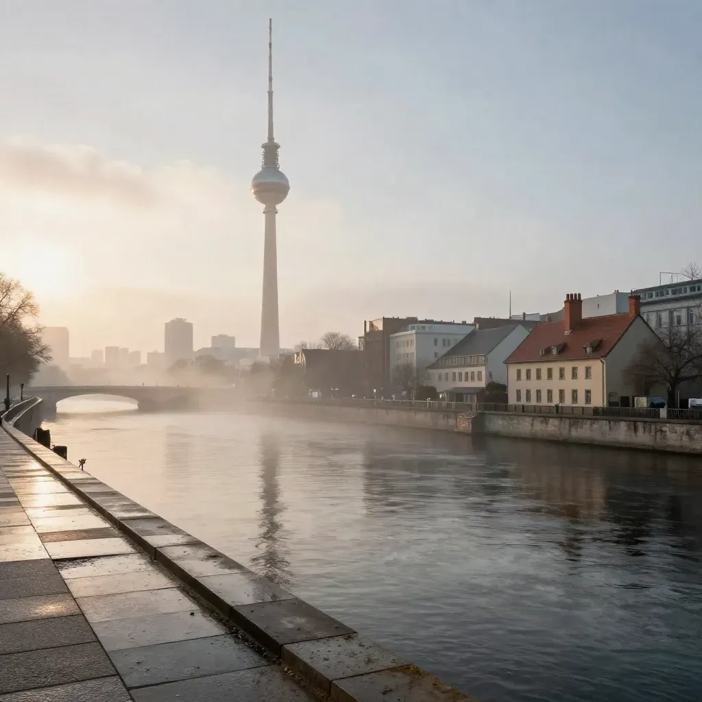 Berlin im Morgennebel, Fernsehturm hoch über nasser Stadt und ruhigem Fluss