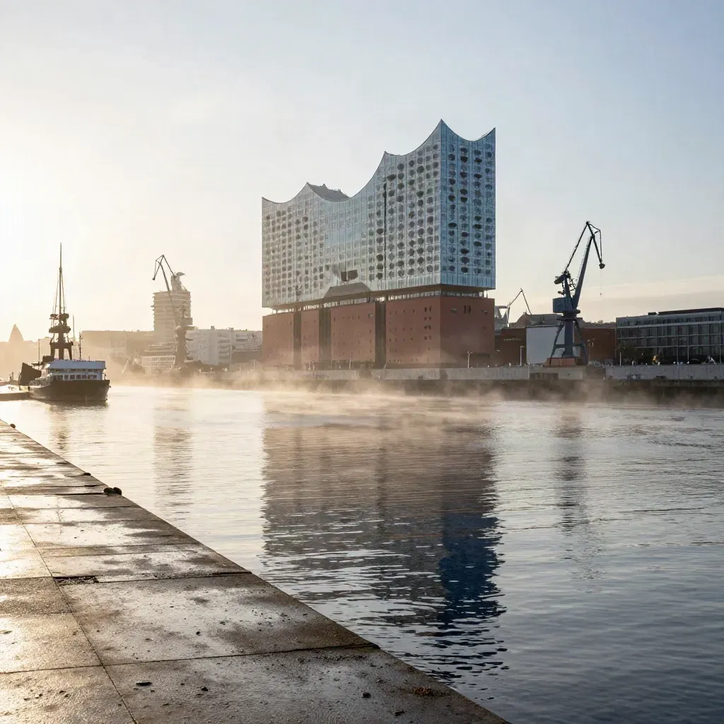 Hamburg im Morgenlicht mit Elbphilharmonie, Kränen und silbrigem Hafen im Nebel.