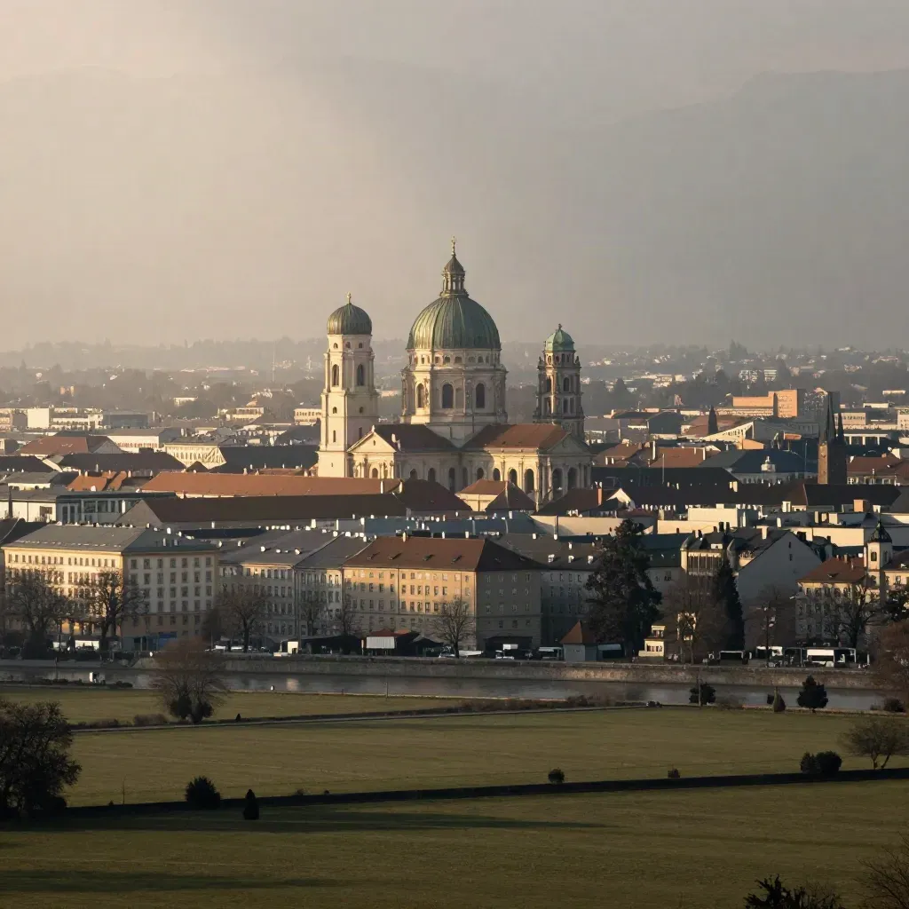 München im warmen Dunst mit den Frauenkirche-Kuppeln über der Isar und Alpen im Hintergrund