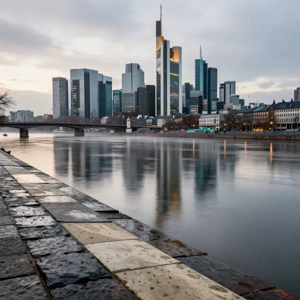 Frankfurter Skyline über dem Main mit nasser Steinmole und ruhigen Reflexen bei Dämmerung